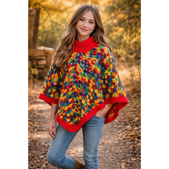 Handmade Other - Vintage 70s Crochet Poncho Kids Rainbow Chunky Knit Boho Handmade Cape